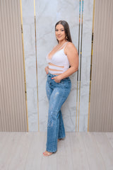 Wide Leg Jeans with Flower Rhinestones