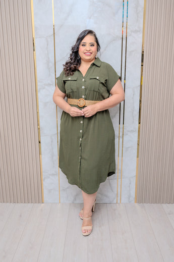 Olive Short Sleeve Button Down Dress