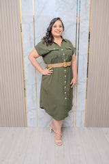 Olive Short Sleeve Button Down Dress
