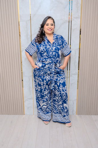 Navy Floral Tie Waist Wide Leg Jumper
