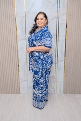 Navy Floral Tie Waist Wide Leg Jumper