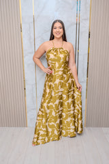 Olive/Beige Halter Printed Maxi Dress