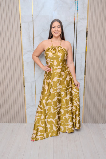 Olive/Beige Halter Printed Maxi Dress