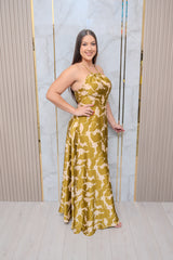 Olive/Beige Halter Printed Maxi Dress