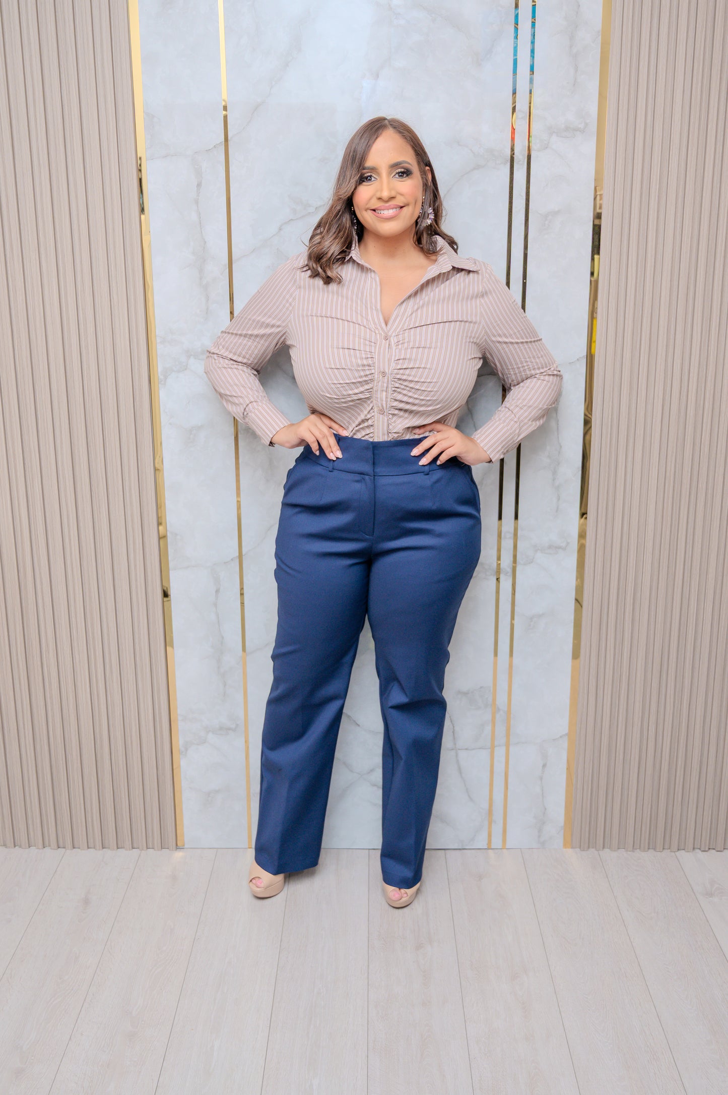 Taupe Stripes Button Down Blouse