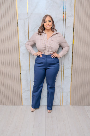 Taupe Stripes Button Down Blouse
