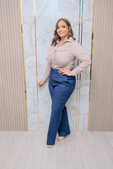 Taupe Stripes Button Down Blouse