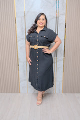 Black Short Sleeve Button Down Dress