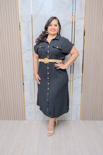 Black Short Sleeve Button Down Dress
