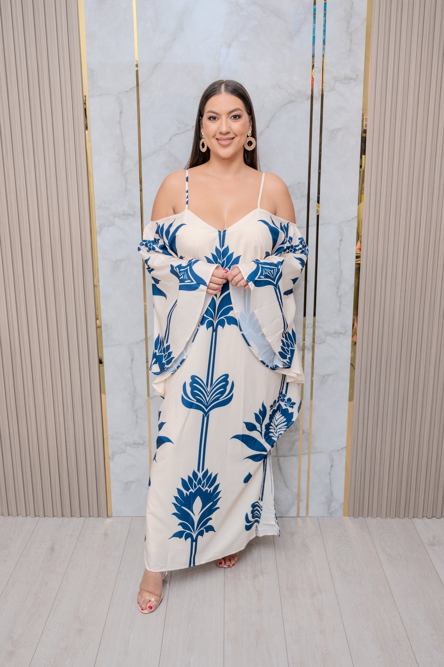 Ivory Floral Bell Sleeve Maxi Dress