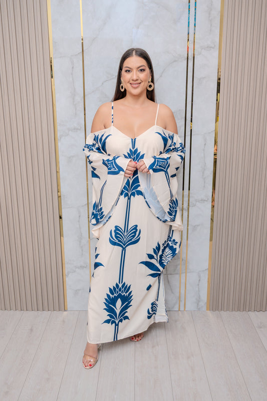 Ivory Floral Bell Sleeve Maxi Dress