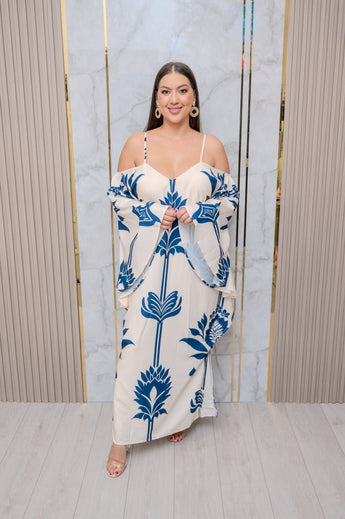 Ivory Floral Bell Sleeve Maxi Dress