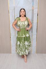 Green Boarder Print Tiered Maxi Dress