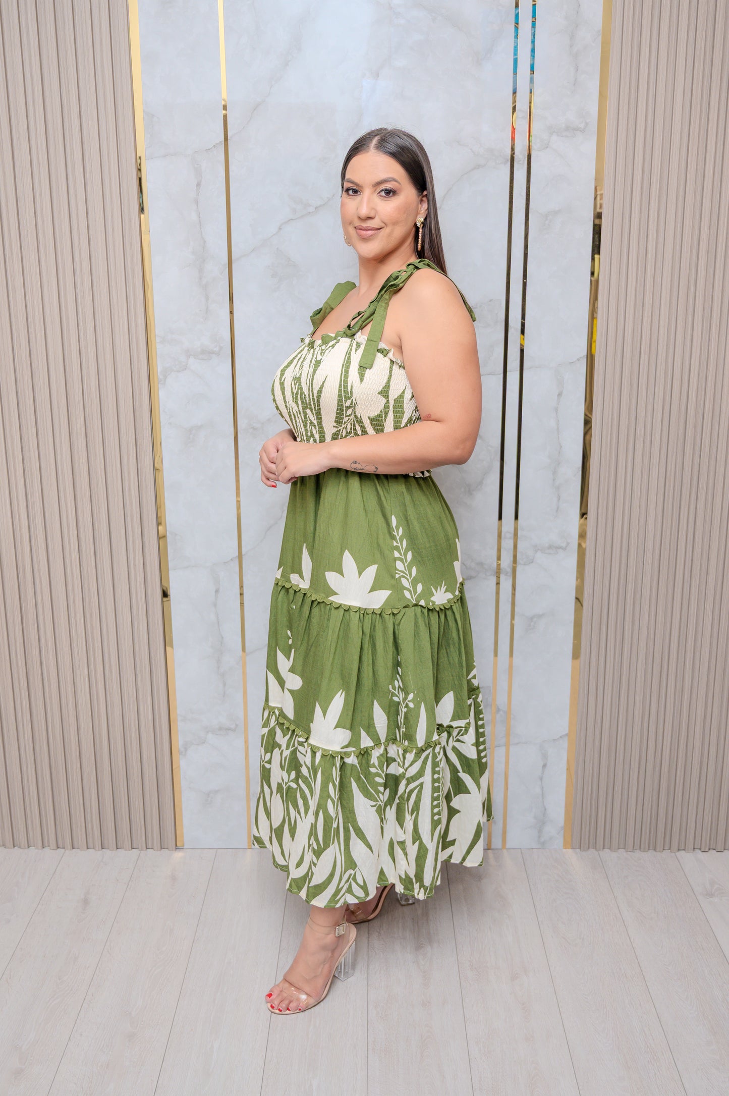 Green Boarder Print Tiered Maxi Dress