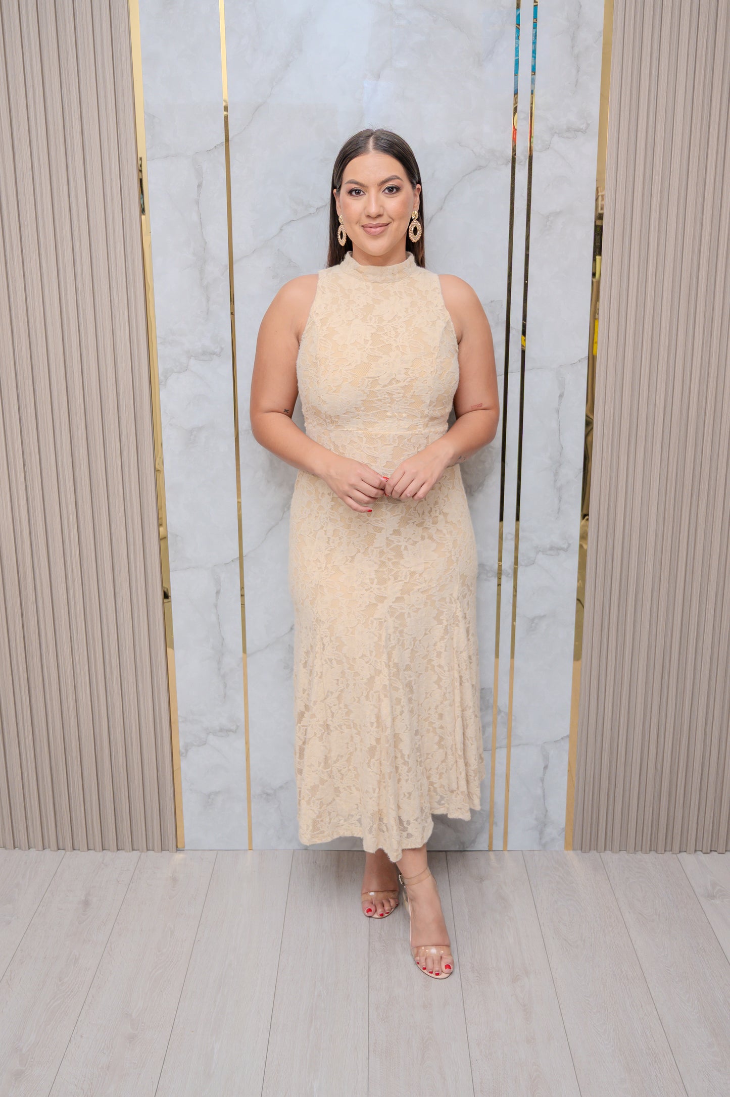 Beige Lace Mock Neck Midi Dress