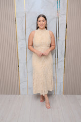 Beige Lace Mock Neck Midi Dress