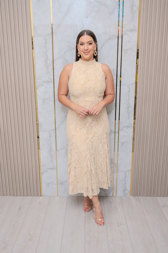 Beige Lace Mock Neck Midi Dress