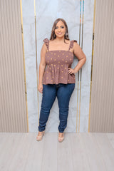 Brown Smocked Peplum Top