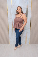 Brown Smocked Peplum Top