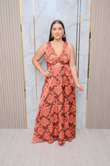 Brown Satin Floral Maxi Dress