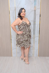 Brown Floral Chiffon Belted Dress