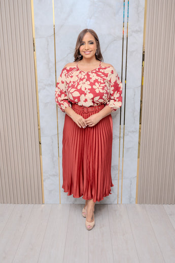 Rust Pleated Skirt with Belt
