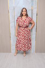 Red Abstract Print Belted Midi Dress