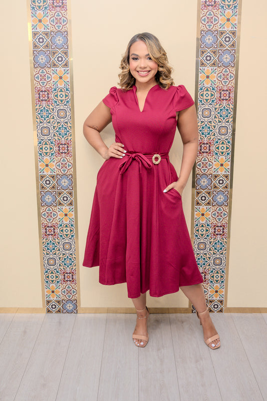 Burgundy Midi Dress with Belt
