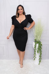 Black Puff Sleeve Front Belted Bodycon Midi Dress