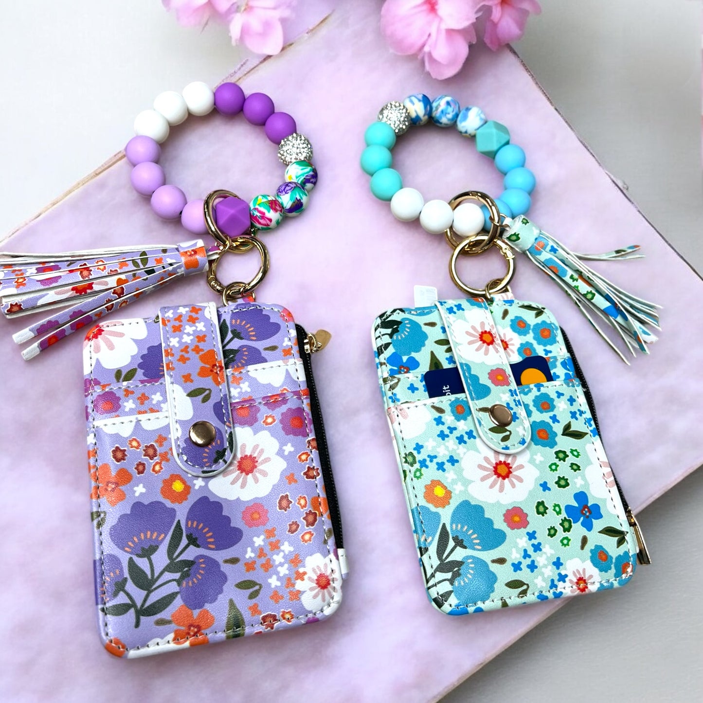 Beads Wristlet Flower Card Holder