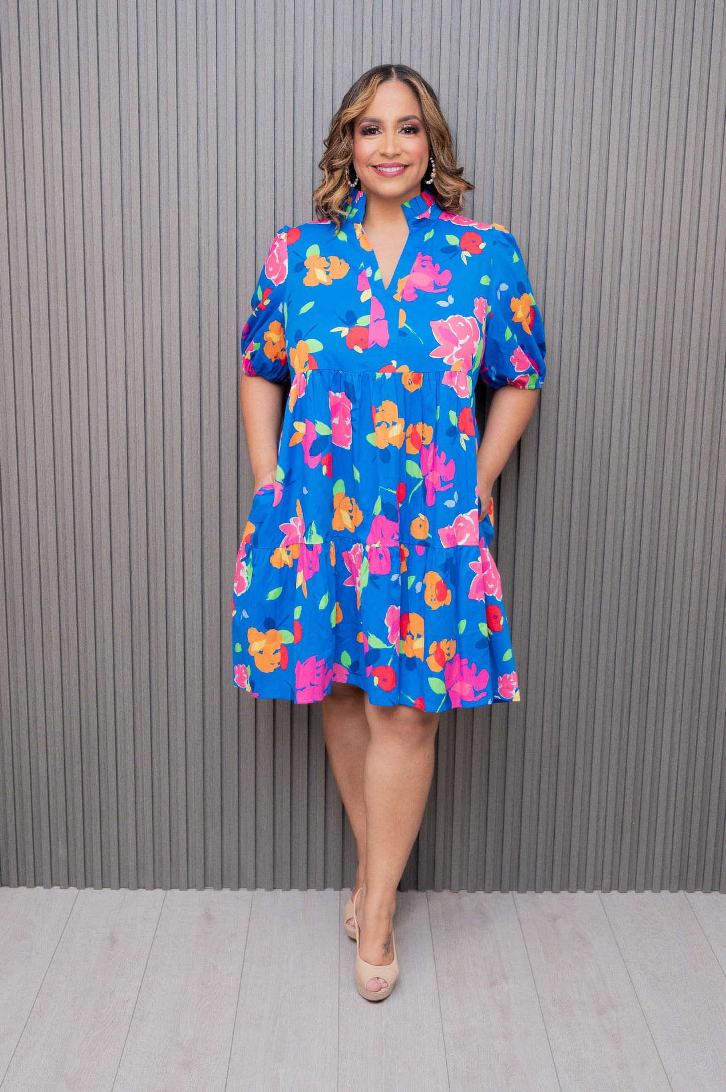 Royal Blue Floral Mini Dress with Puff Sleeves