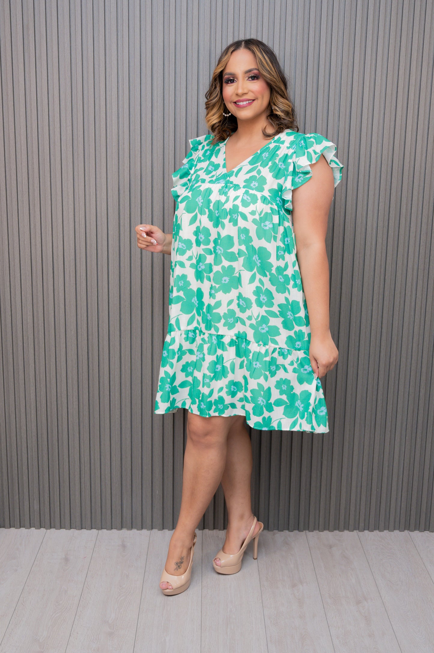 Green Floral Tiered Dress