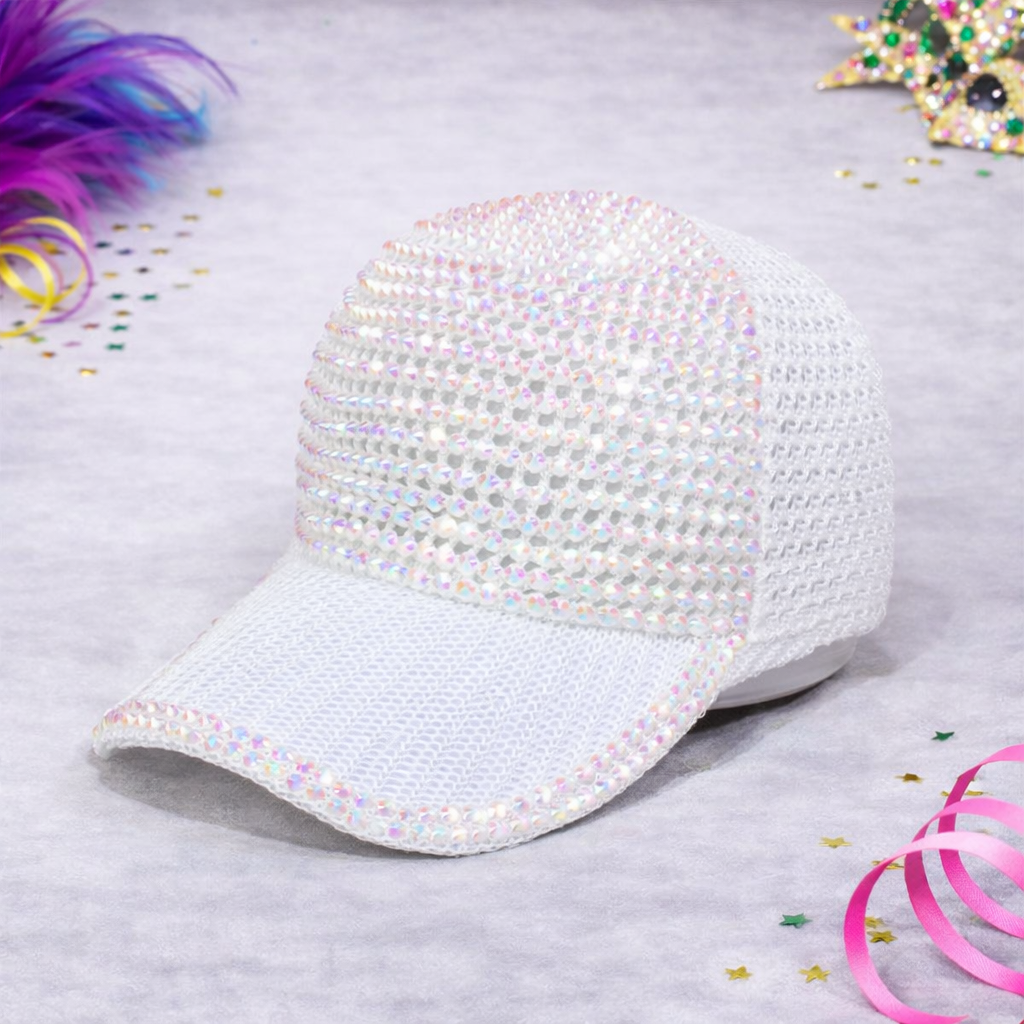 White Rhinestone Mesh Detail Cap