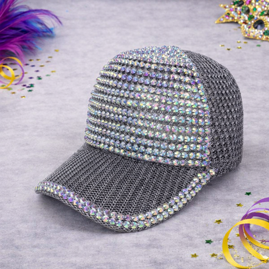 Gray Rhinestone Mesh Detail Cap