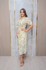 Green Printed Short Sleeve Midi Dress