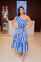 Blue One Shoulder Stripes Maxi Dress with Belt