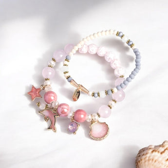 Pink Natural Stones Beads Bracelet with Dolphin