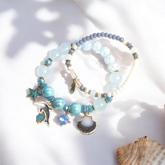 Blue Natural Stones Beads Bracelet with Dolphin