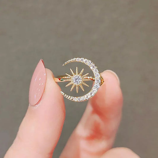 Rhinestone Moon & Star Open Ring
