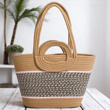 Khaki Straw Color Block Vacation Beach Tote Bag