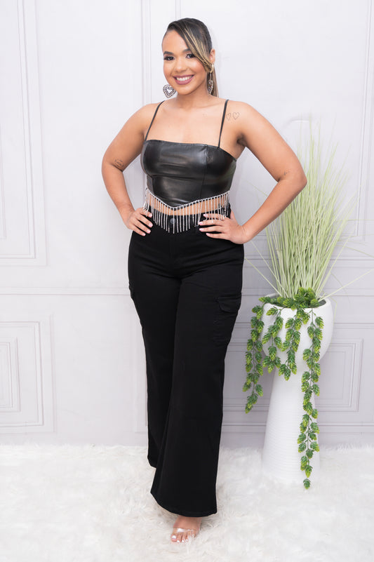 Black Faux Leather Rhinestone Fringe Crop Top