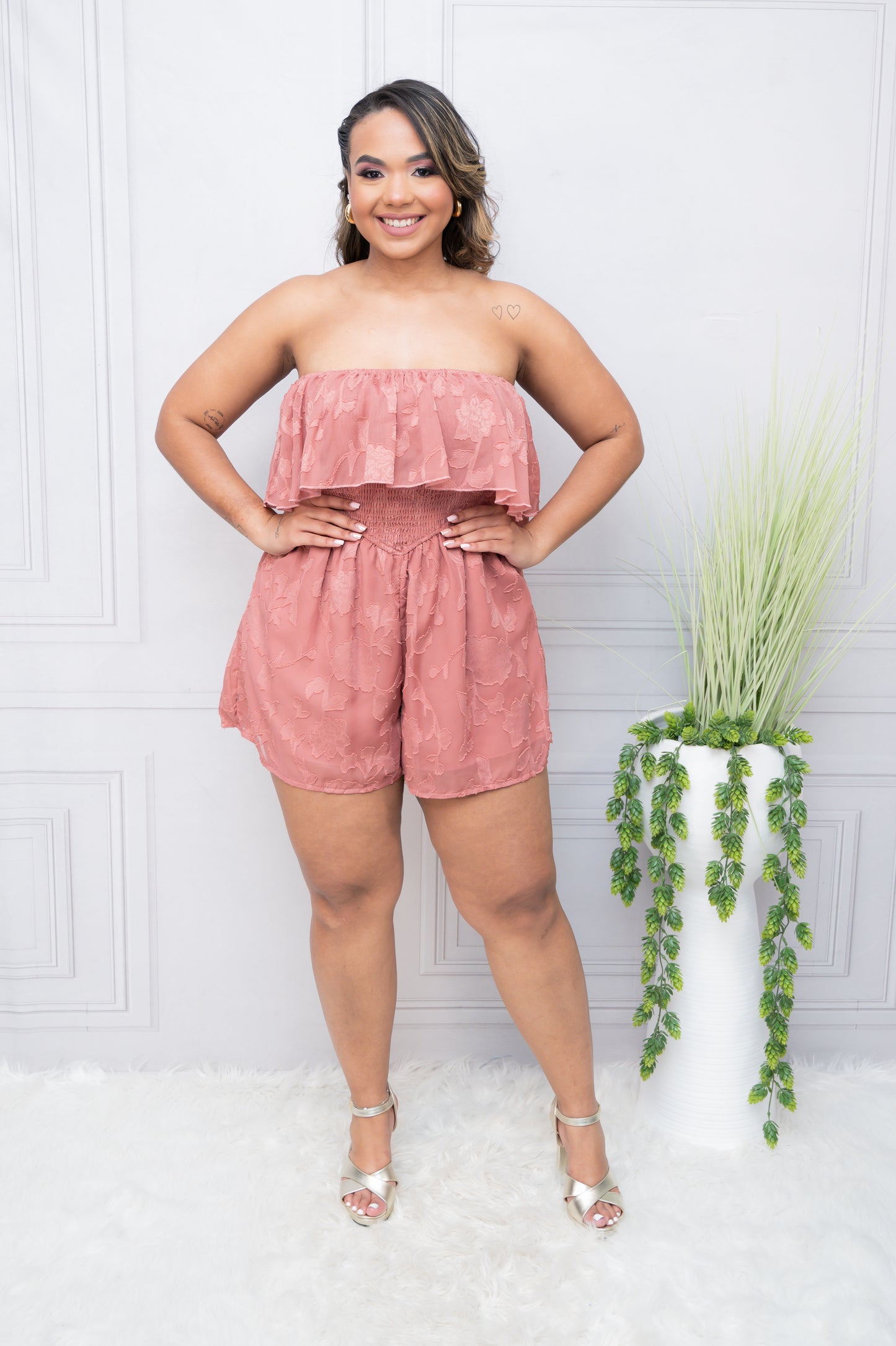 Pink Off Shoulder Ruched Fit Romper