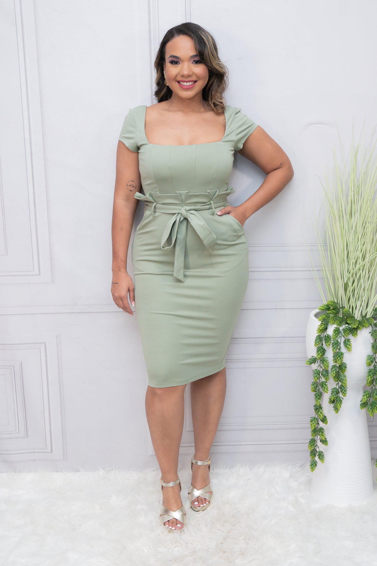 Sage Cap Sleeve Square Neck Pleated Waist Belted Dress