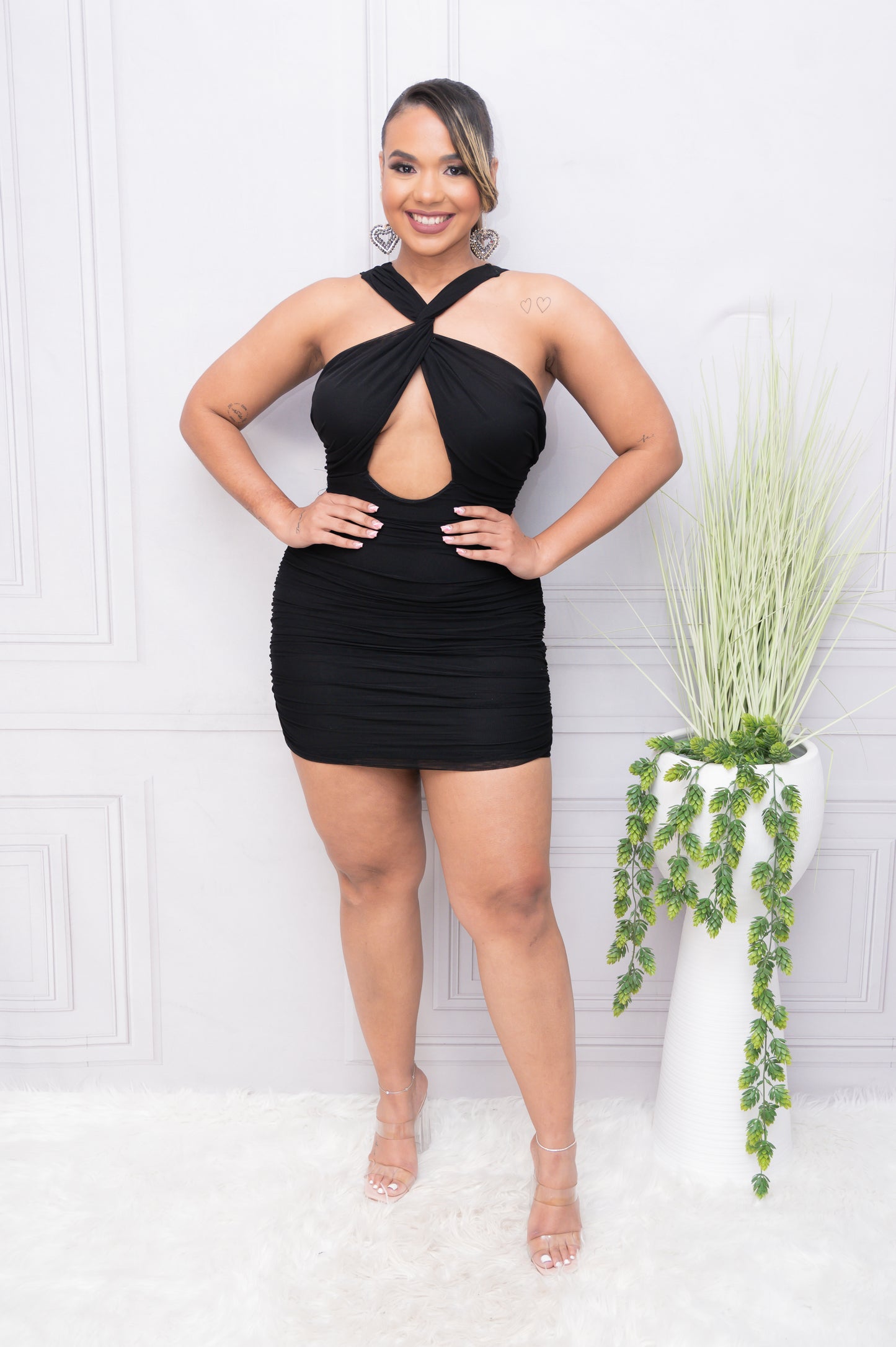 Black Mesh Cross Front Bodycon Mini Dress