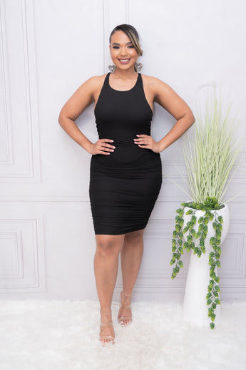Black Ribbed High Neck Ruched Bodycon Dress