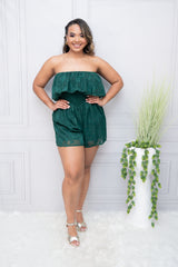 Green Off Shoulder Ruched Fit Romper