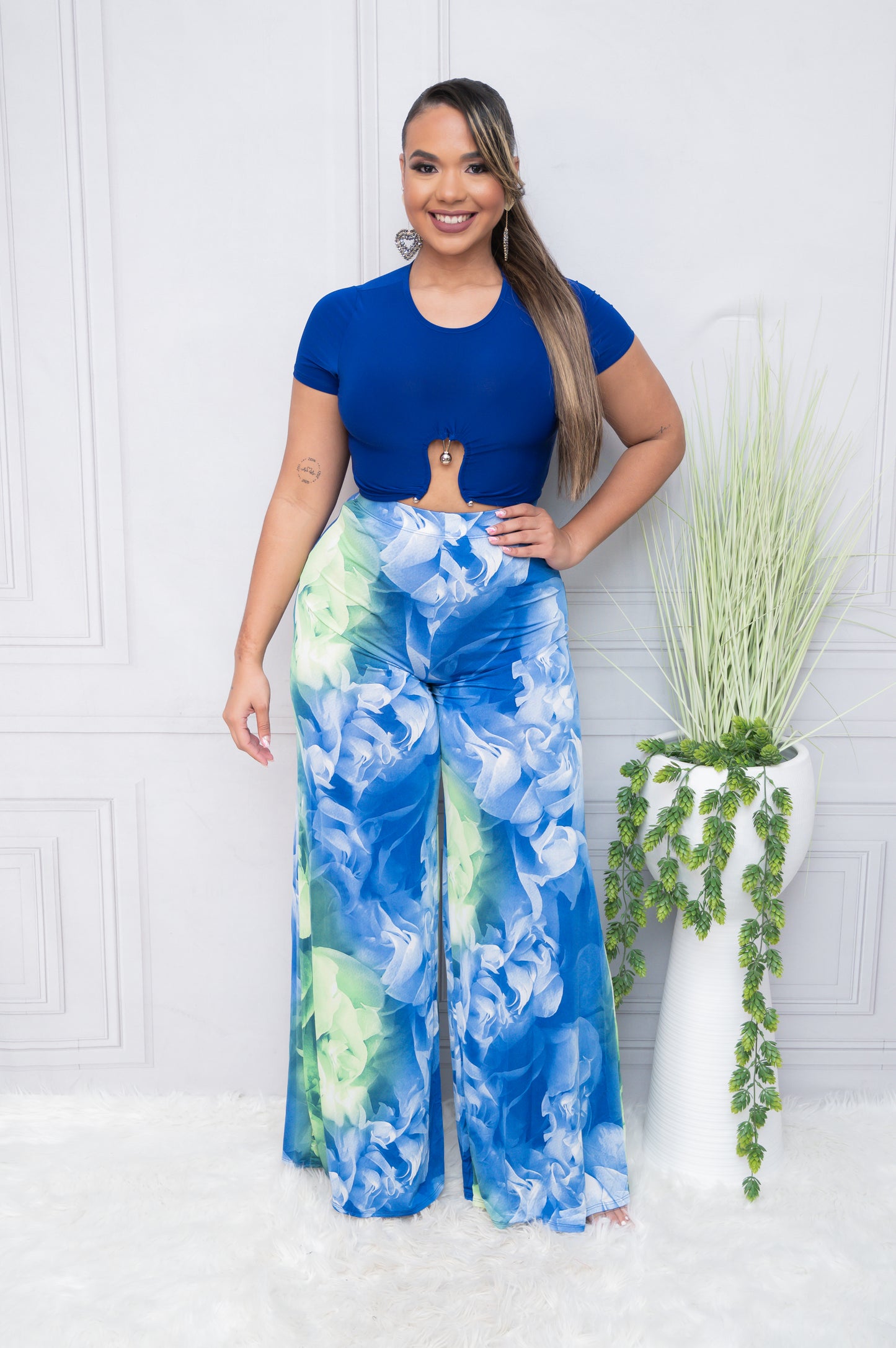 Multi Royal Blue Crop Top and Tropical Print Wide Leg Pants