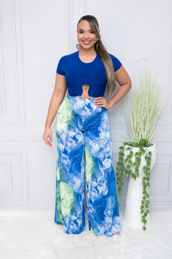 Multi Royal Blue Crop Top and Tropical Print Wide Leg Pants