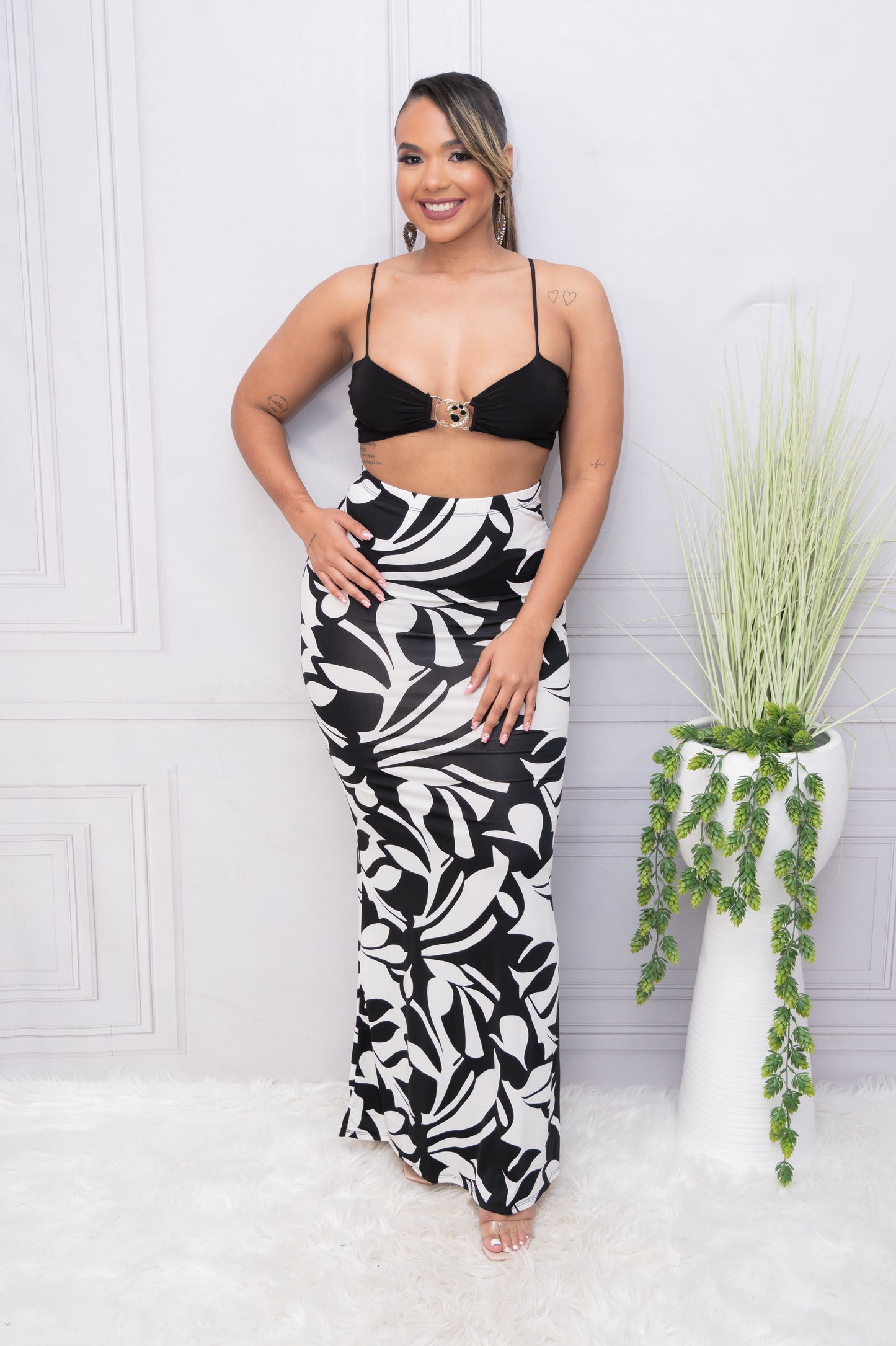 Black & White Bikini Top and Maxi Skirt Set