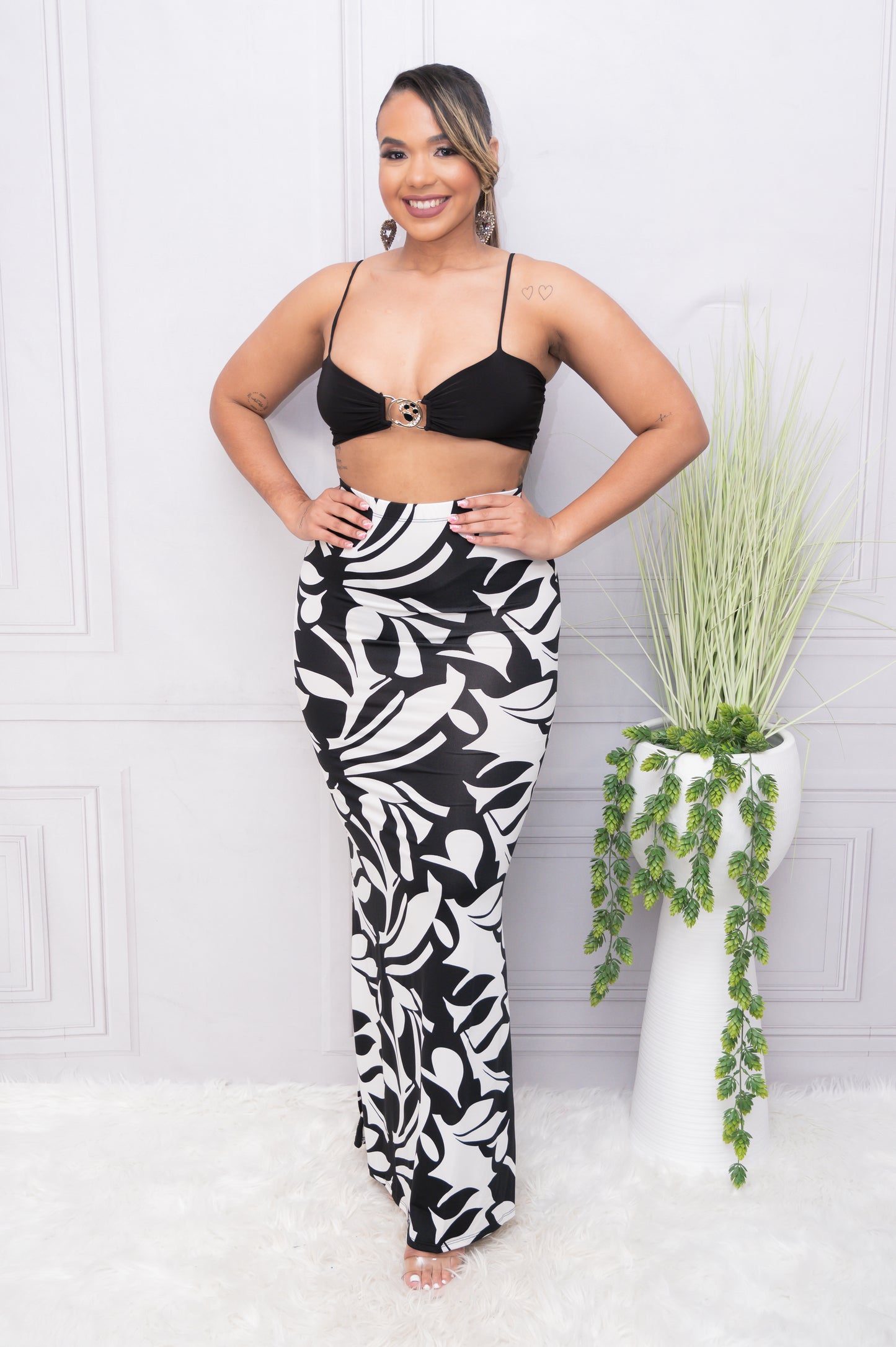 Black & White Bikini Top and Maxi Skirt Set